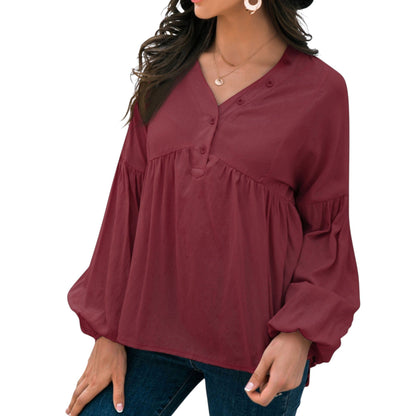 Long Sleeve Button Front Peasant Top with Gathered Waist and Flowy Fit Anna-Kaci Wholesale