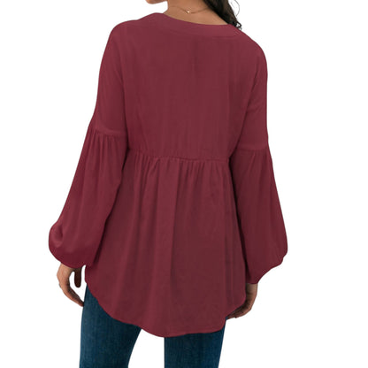 Long Sleeve Button Front Peasant Top with Gathered Waist and Flowy Fit Anna-Kaci Wholesale