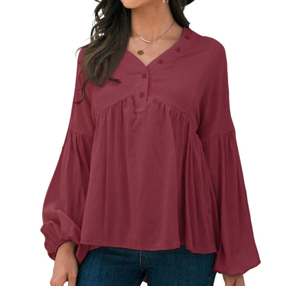 Long Sleeve Button Front Peasant Top with Gathered Waist and Flowy Fit Anna-Kaci Wholesale