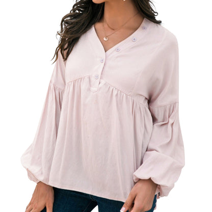 Long Sleeve Button Front Peasant Top with Gathered Waist and Flowy Fit Anna-Kaci Wholesale