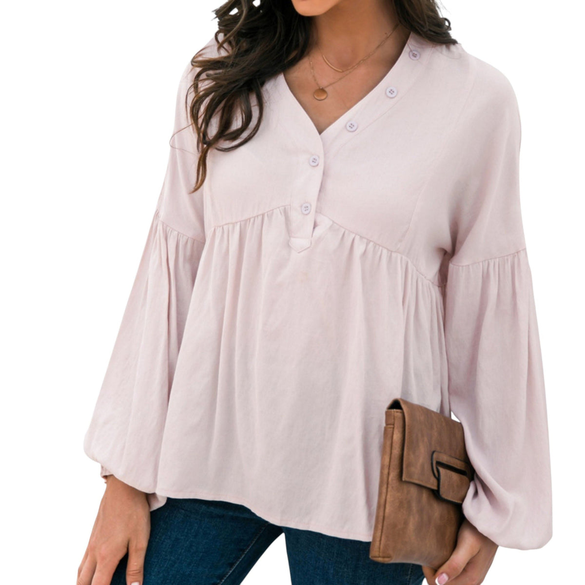 Long Sleeve Button Front Peasant Top with Gathered Waist and Flowy Fit Anna-Kaci Wholesale