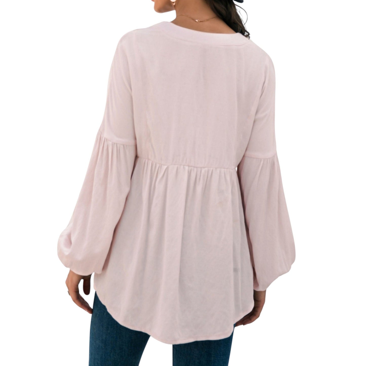 Long Sleeve Button Front Peasant Top with Gathered Waist and Flowy Fit Anna-Kaci Wholesale