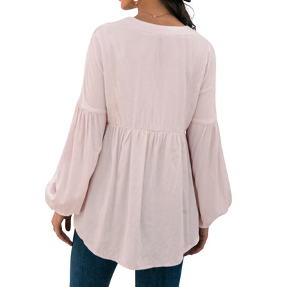 Long Sleeve Button Front Peasant Top with Gathered Waist and Flowy Fit Anna-Kaci Wholesale