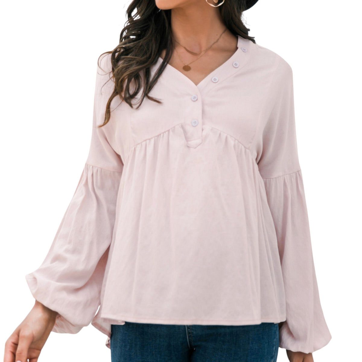 Long Sleeve Button Front Peasant Top with Gathered Waist and Flowy Fit Anna-Kaci Wholesale