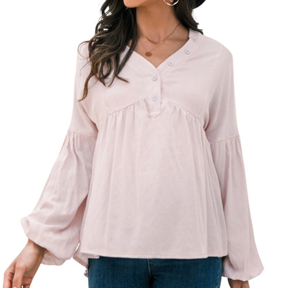 Long Sleeve Button Front Peasant Top with Gathered Waist and Flowy Fit Anna-Kaci Wholesale