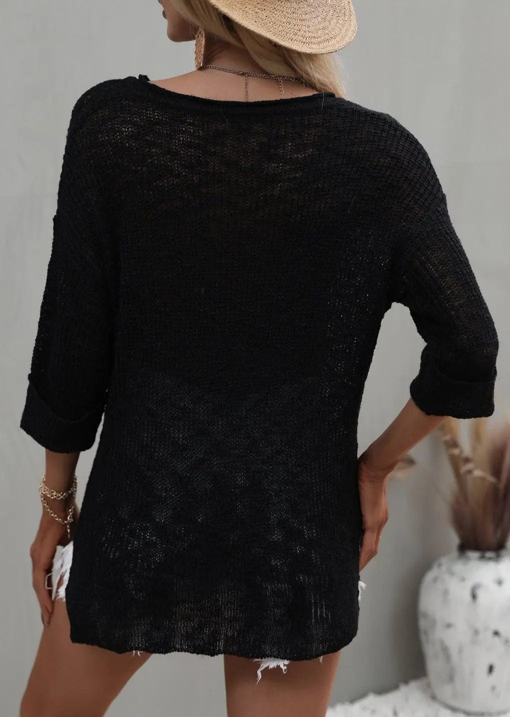 Drop Shoulder 3/4 Length Sweater Anna-Kaci Wholesale