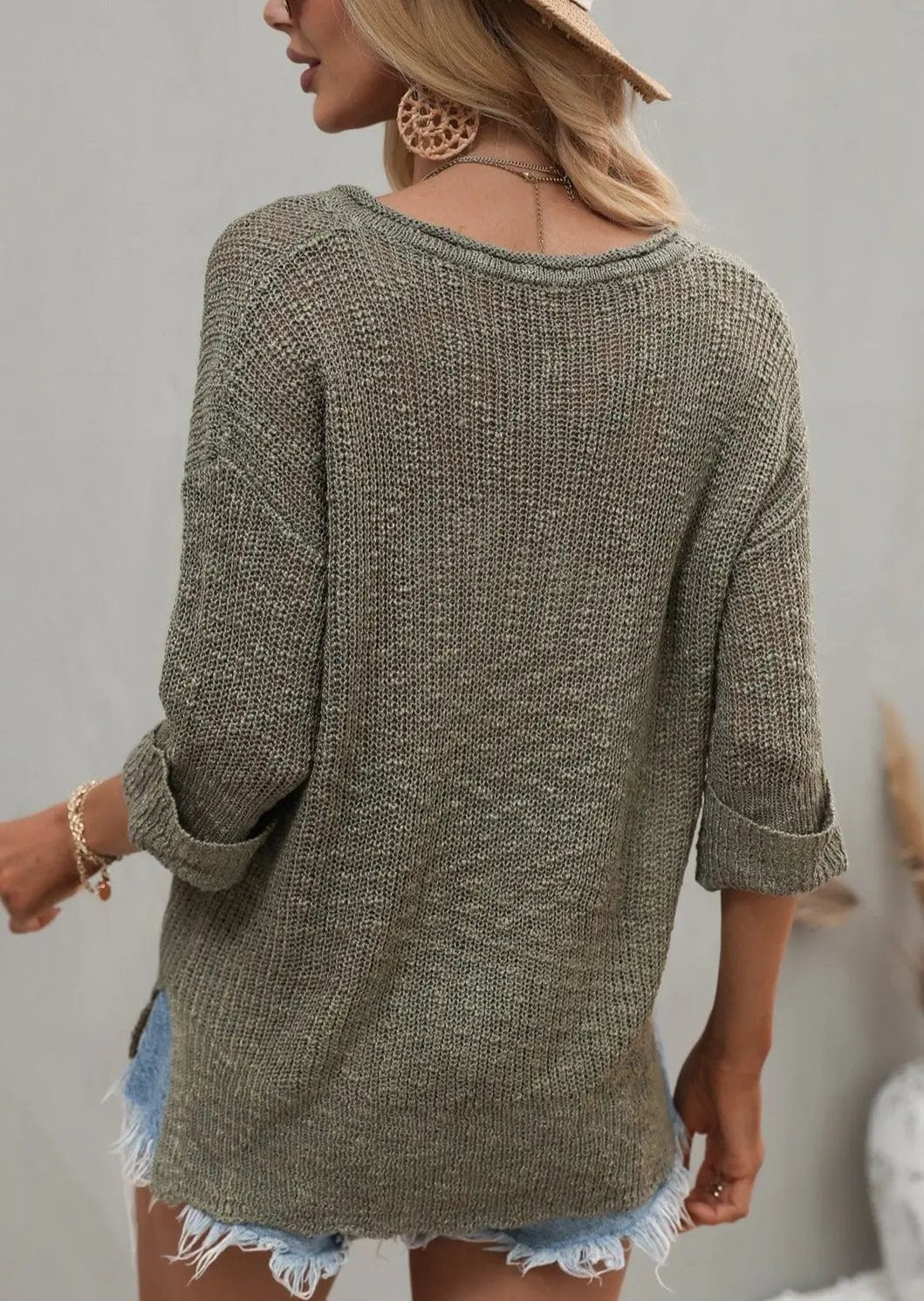 Drop Shoulder 3/4 Length Sweater Anna-Kaci Wholesale
