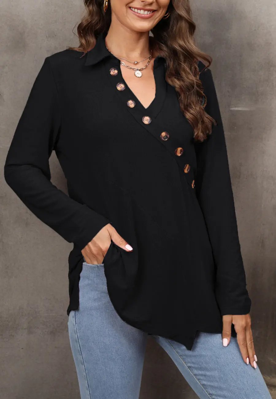 Contrast Button Asymmetrical Hem Sweater Anna-Kaci Wholesale