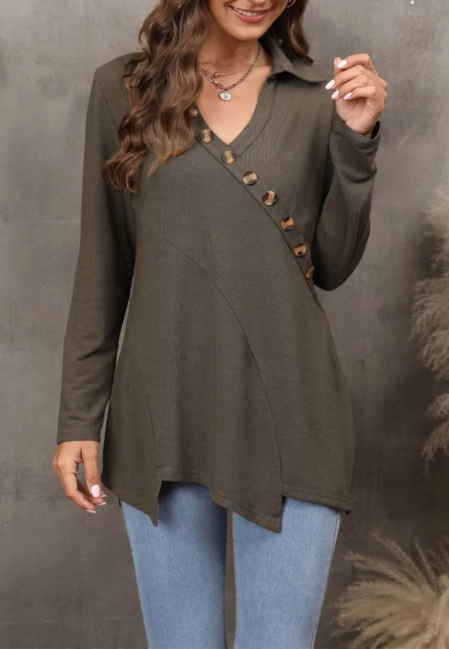 Contrast Button Asymmetrical Hem Sweater Anna-Kaci Wholesale