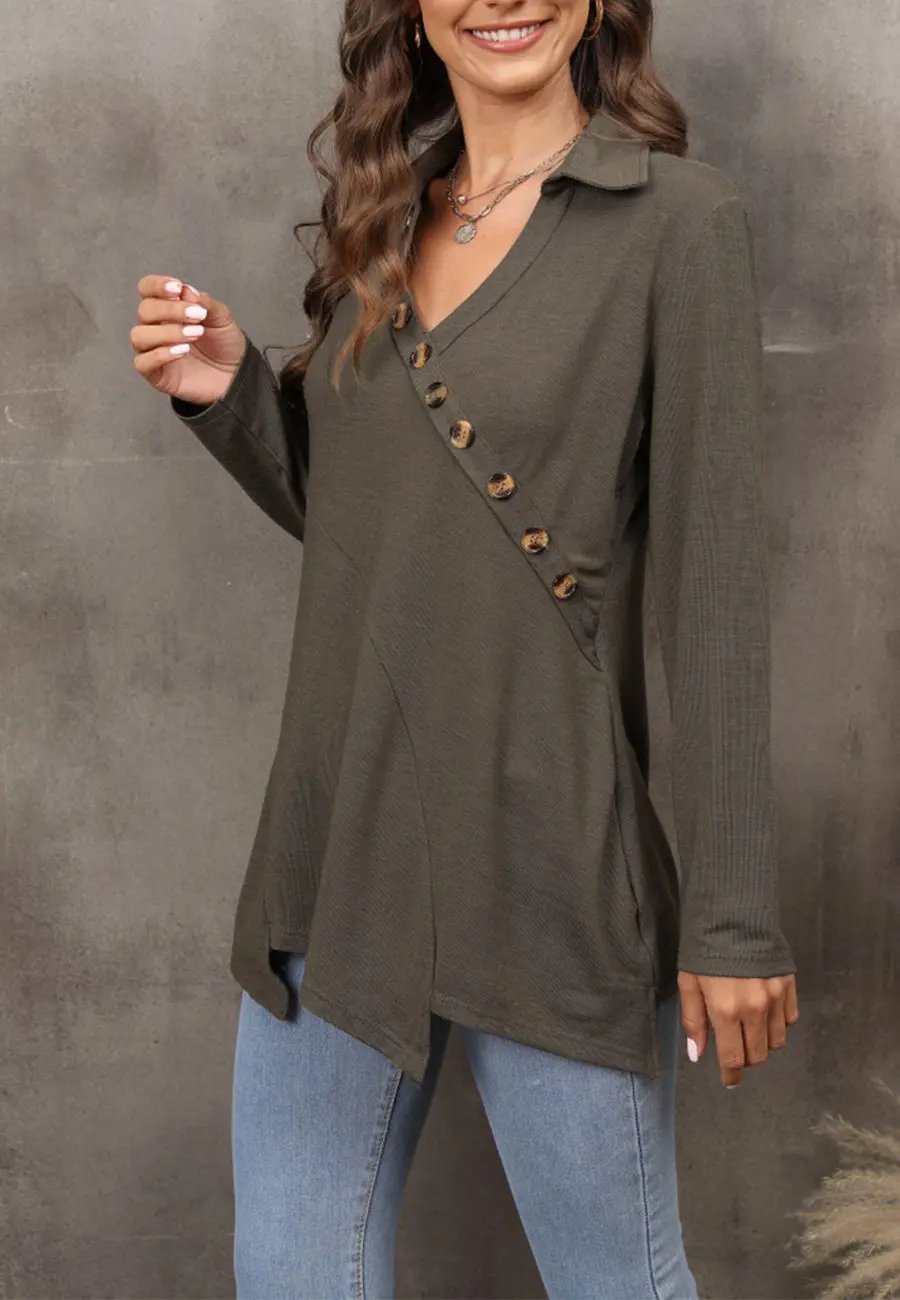 Contrast Button Asymmetrical Hem Sweater Anna-Kaci Wholesale