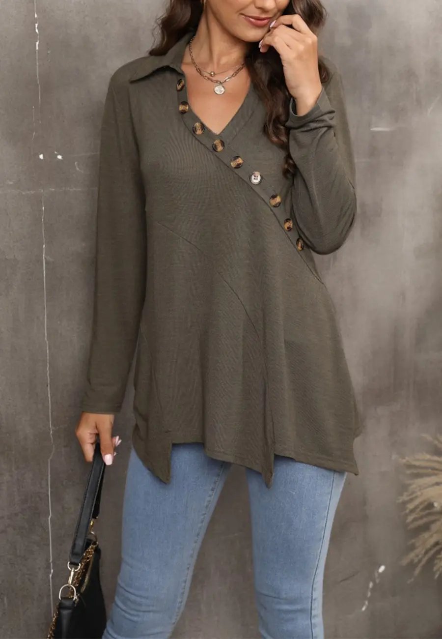Contrast Button Asymmetrical Hem Sweater Anna-Kaci Wholesale