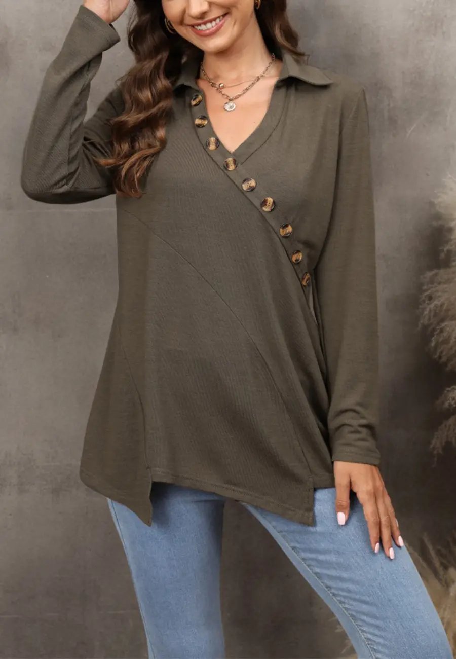 Contrast Button Asymmetrical Hem Sweater Anna-Kaci Wholesale