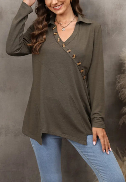 Contrast Button Asymmetrical Hem Sweater Anna-Kaci Wholesale