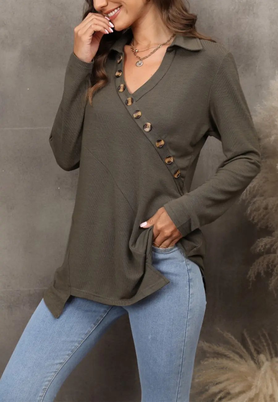 Contrast Button Asymmetrical Hem Sweater Anna-Kaci Wholesale