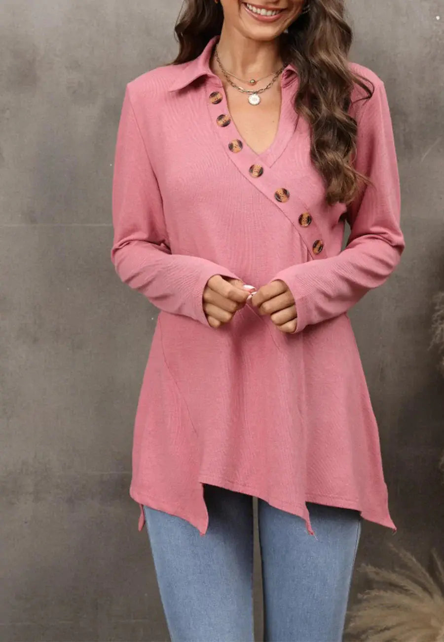 Contrast Button Asymmetrical Hem Sweater Anna-Kaci Wholesale