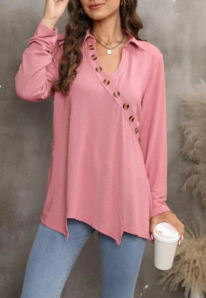 Contrast Button Asymmetrical Hem Sweater Anna-Kaci Wholesale