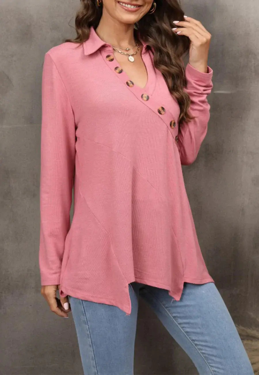 Contrast Button Asymmetrical Hem Sweater Anna-Kaci Wholesale