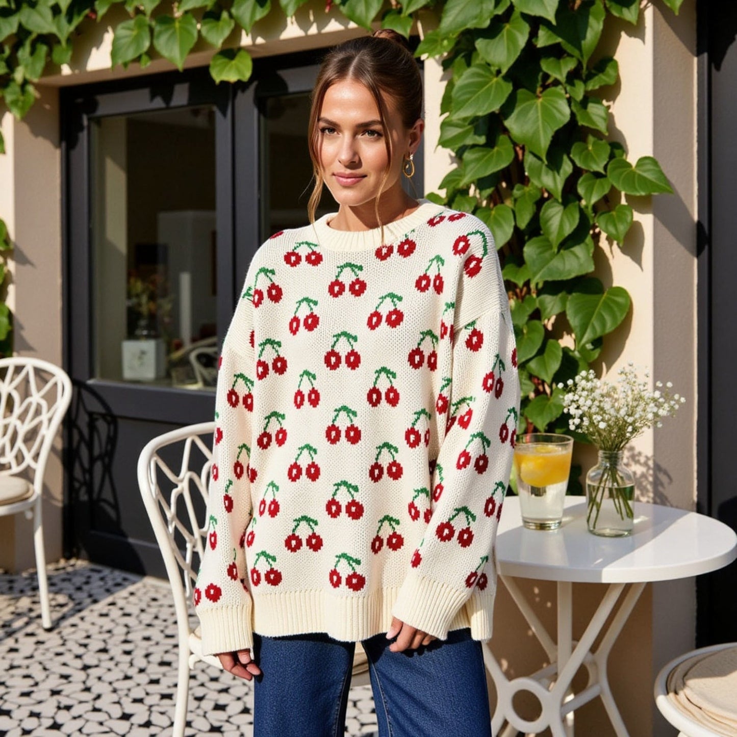 Long Sleeve Pullover Knit Sweater with Cherry Pattern Anna-Kaci Wholesale