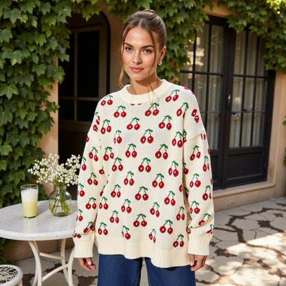 Long Sleeve Pullover Knit Sweater with Cherry Pattern Anna-Kaci Wholesale