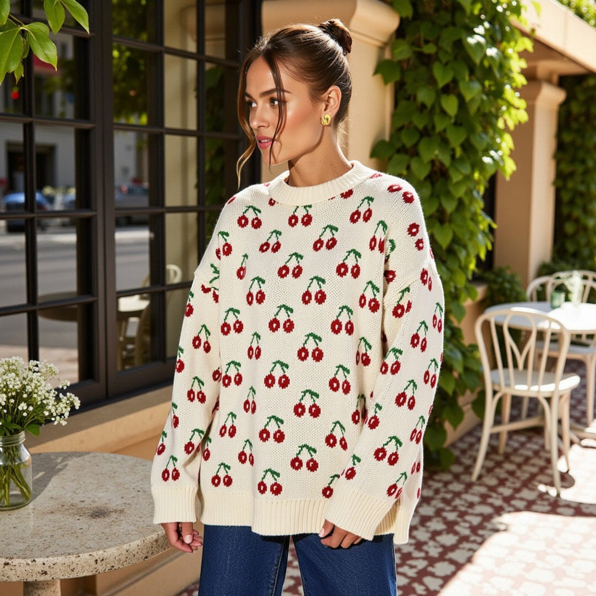 Long Sleeve Pullover Knit Sweater with Cherry Pattern Anna-Kaci Wholesale