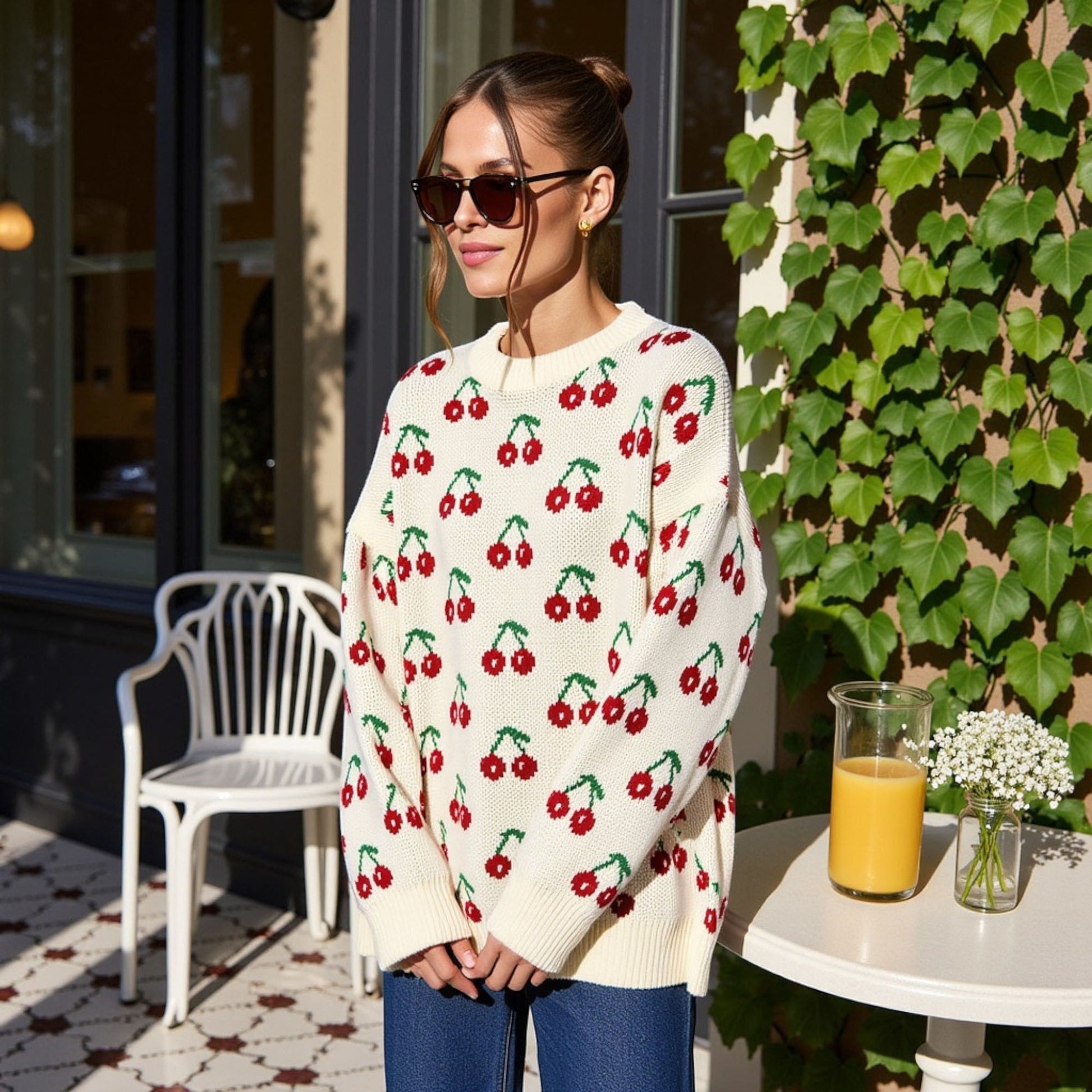 Long Sleeve Pullover Knit Sweater with Cherry Pattern Anna-Kaci Wholesale
