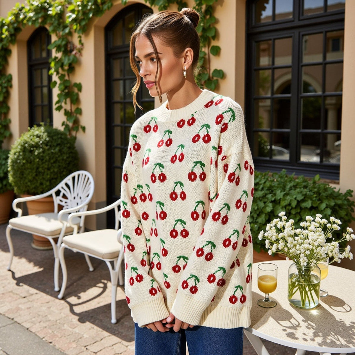 Long Sleeve Pullover Knit Sweater with Cherry Pattern Anna-Kaci Wholesale