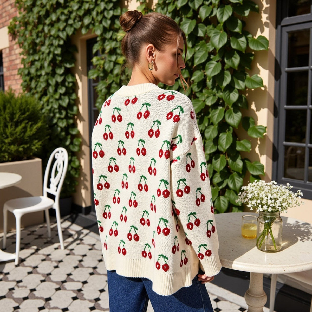 Long Sleeve Pullover Knit Sweater with Cherry Pattern Anna-Kaci Wholesale