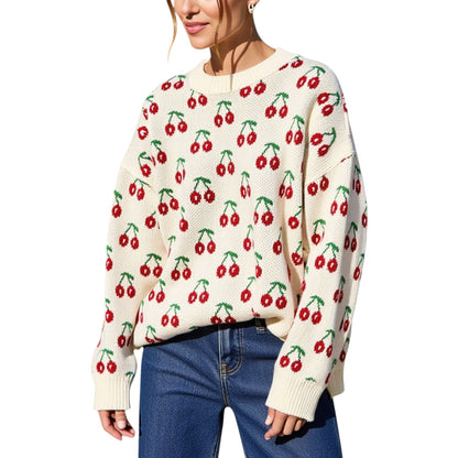 Long Sleeve Pullover Knit Sweater with Cherry Pattern Anna-Kaci Wholesale