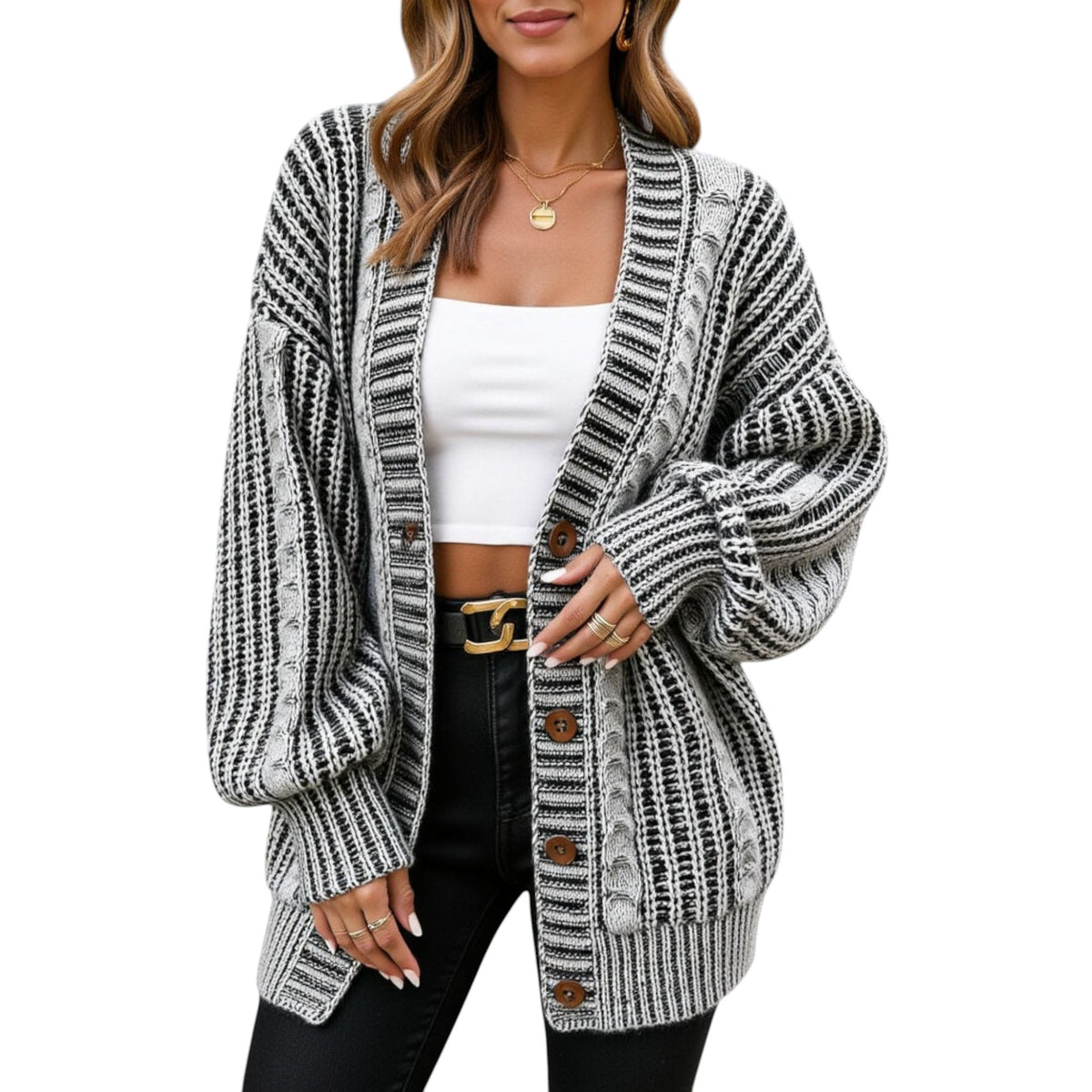 Striped Knit Cardigan with Button Front and Drop Shoulder Design Anna-Kaci Wholesale