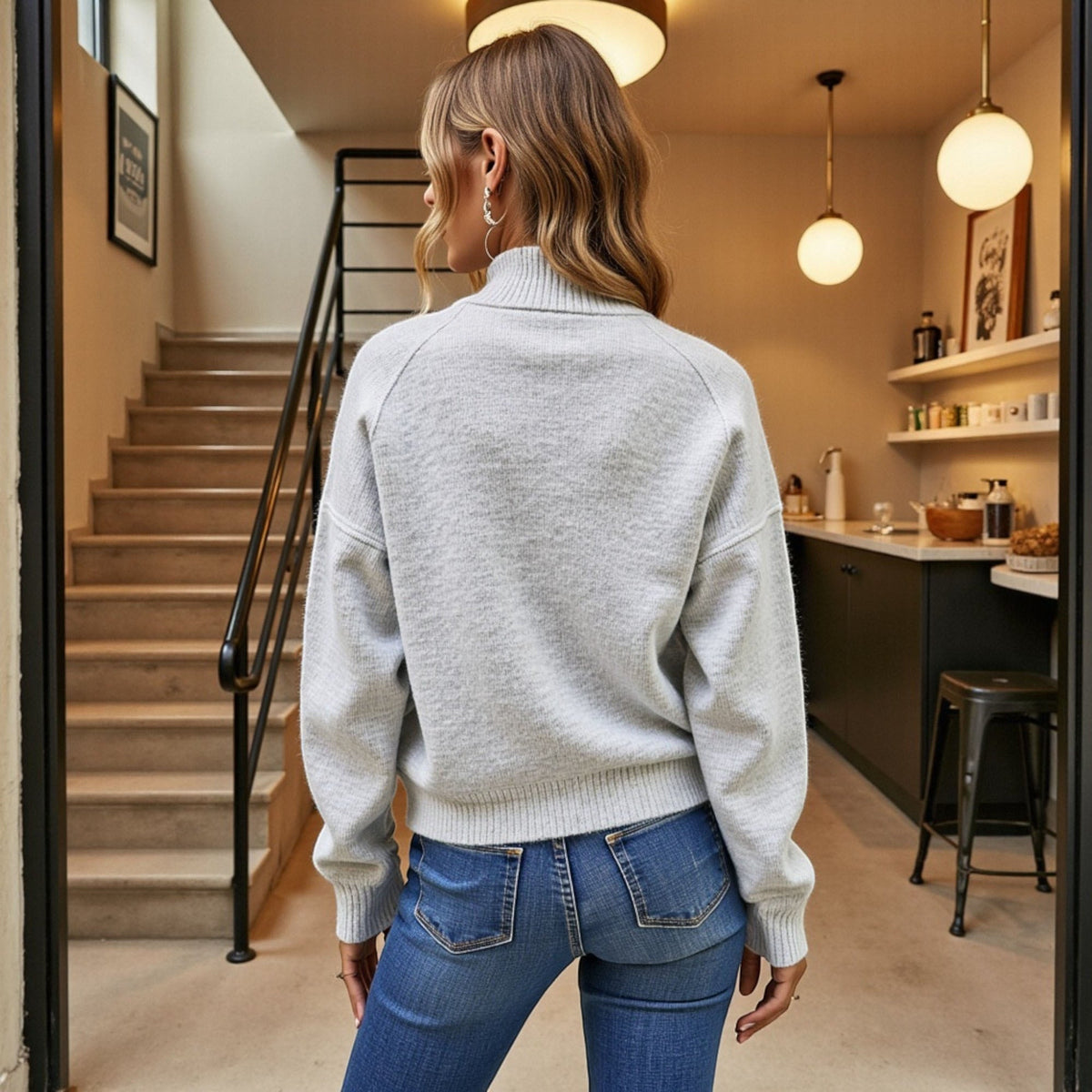Knit Pullover Sweater with Button Collar and Long Sleeves Anna-Kaci Wholesale