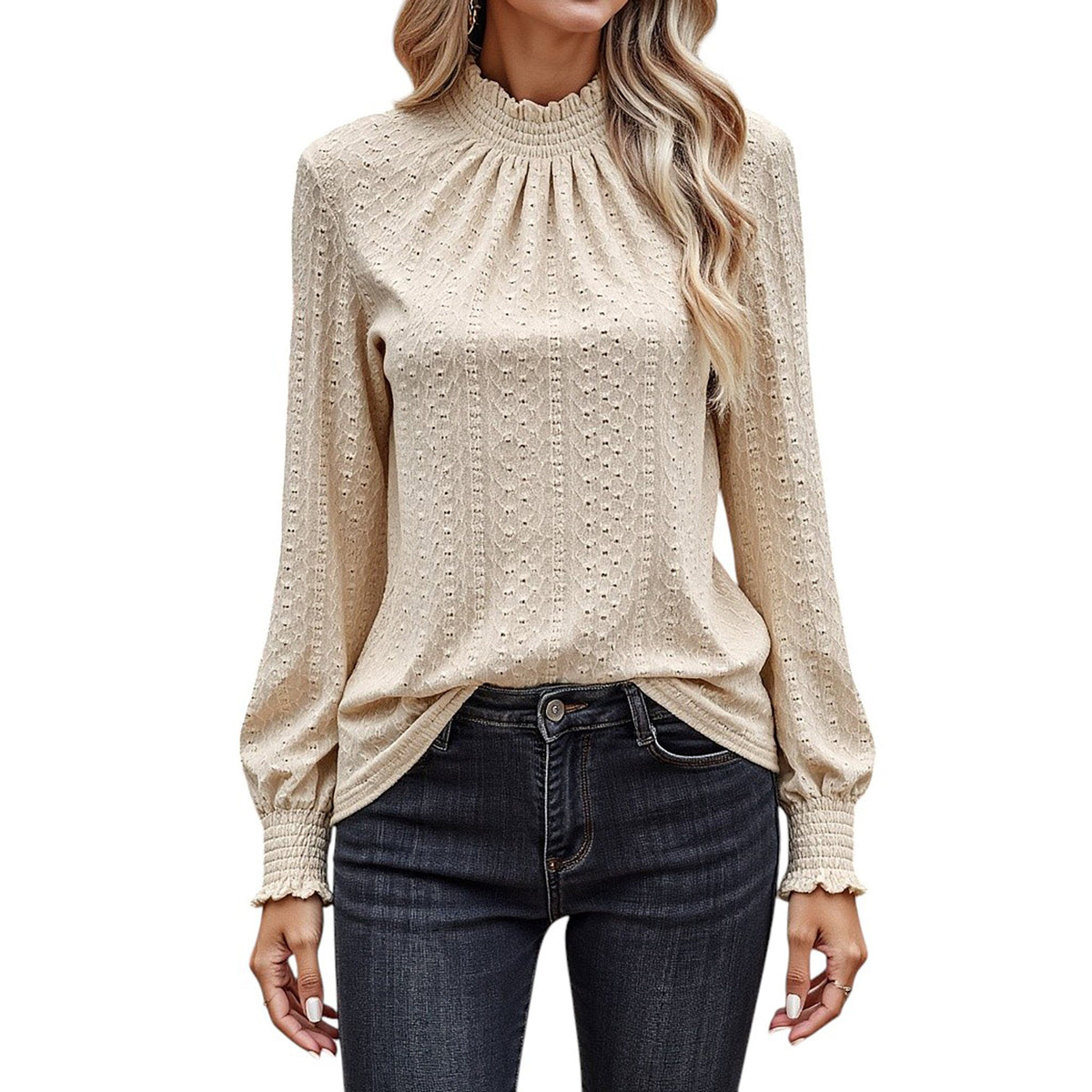 Long Sleeve Textured Blouse with Smocked High Neckline and Cuffed Sleeves Anna-Kaci Wholesale