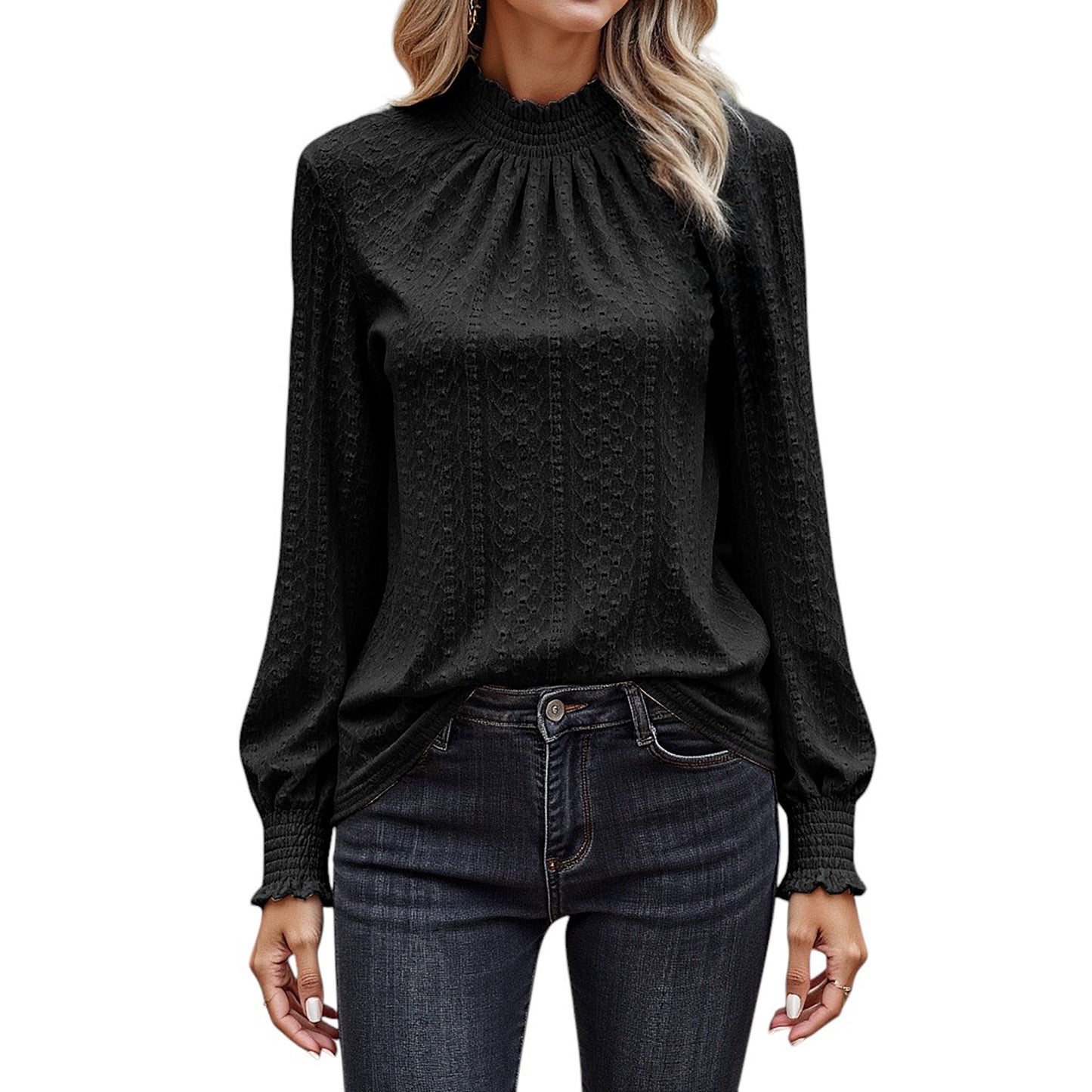 Long Sleeve Textured Blouse with Smocked High Neckline and Cuffed Sleeves Anna-Kaci Wholesale