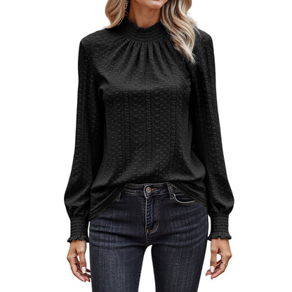 Long Sleeve Textured Blouse with Smocked High Neckline and Cuffed Sleeves Anna-Kaci Wholesale