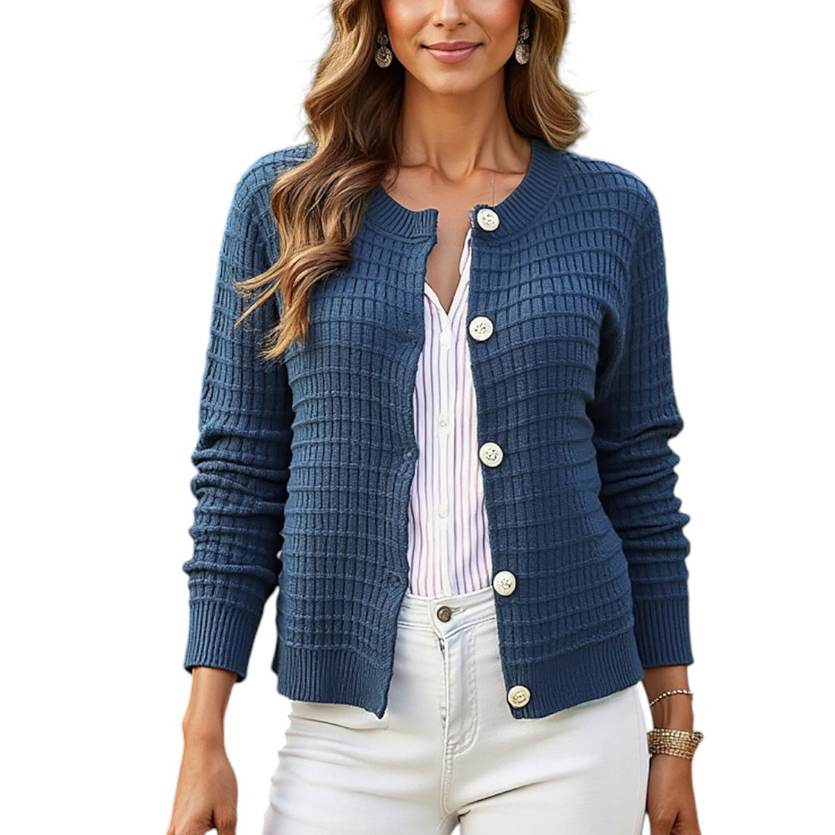 Textured Knit Button-Front Cardigan with Long Sleeves and Ribbed Trim Anna-Kaci Wholesale