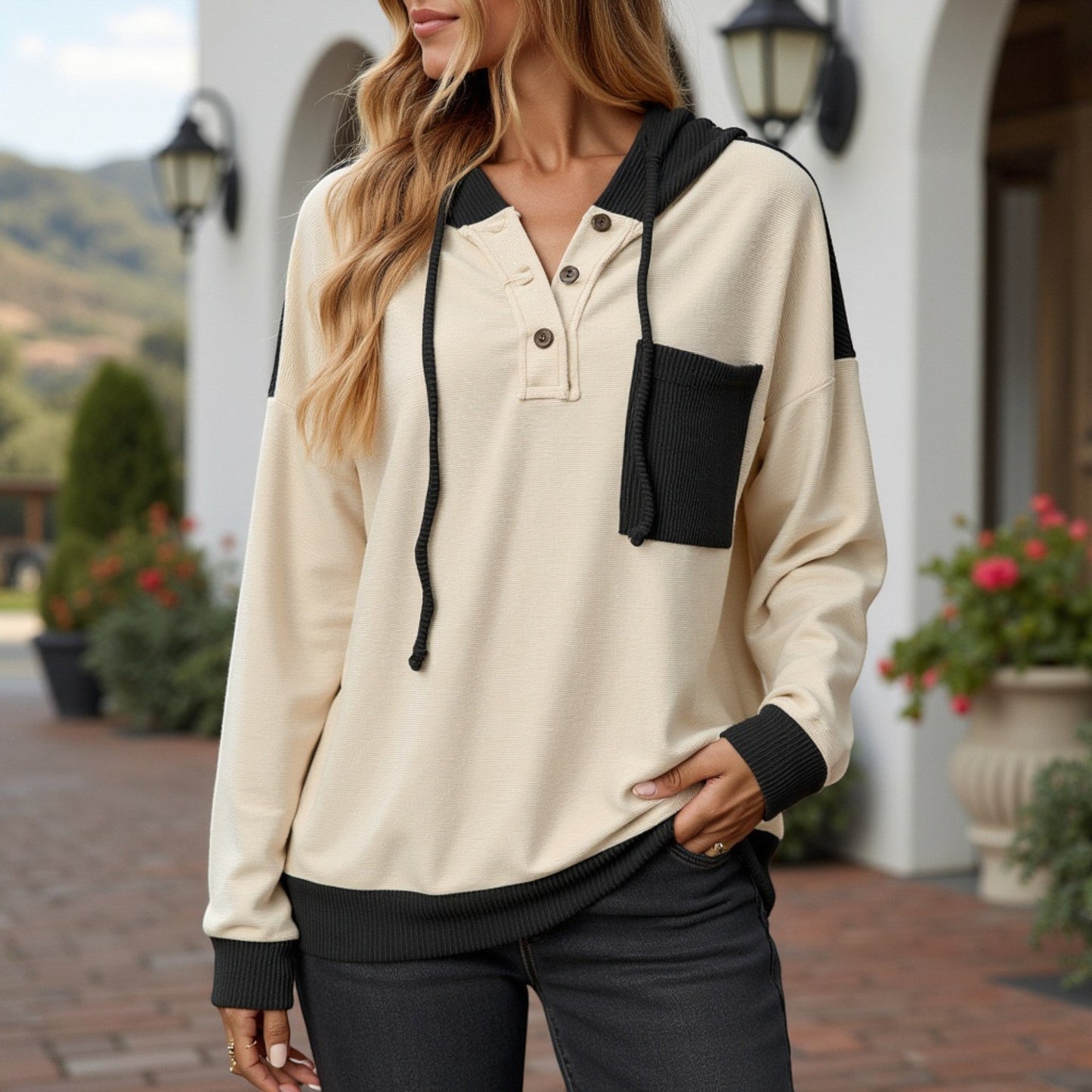 Button Front Hooded Pullover with Front Pocket and Ribbed Trim Anna-Kaci Wholesale
