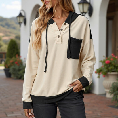 Button Front Hooded Pullover with Front Pocket and Ribbed Trim Anna-Kaci Wholesale