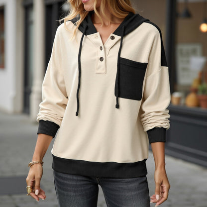 Button Front Hooded Pullover with Front Pocket and Ribbed Trim Anna-Kaci Wholesale
