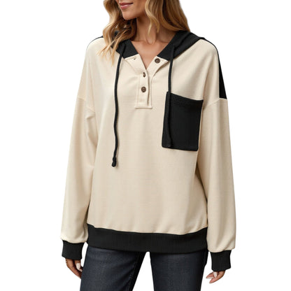 Button Front Hooded Pullover with Front Pocket and Ribbed Trim Anna-Kaci Wholesale
