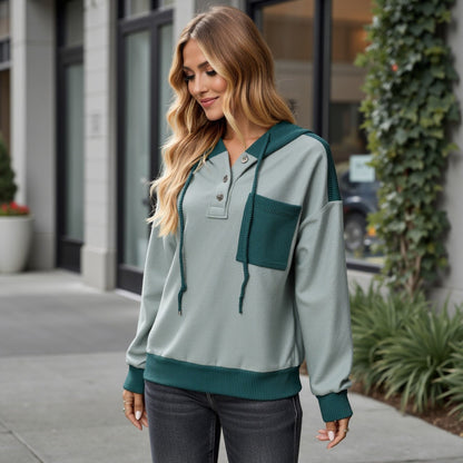 Button Front Hooded Pullover with Front Pocket and Ribbed Trim Anna-Kaci Wholesale