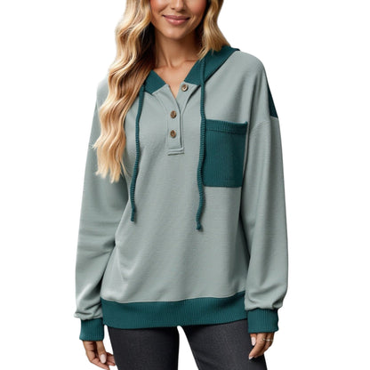 Button Front Hooded Pullover with Front Pocket and Ribbed Trim Anna-Kaci Wholesale