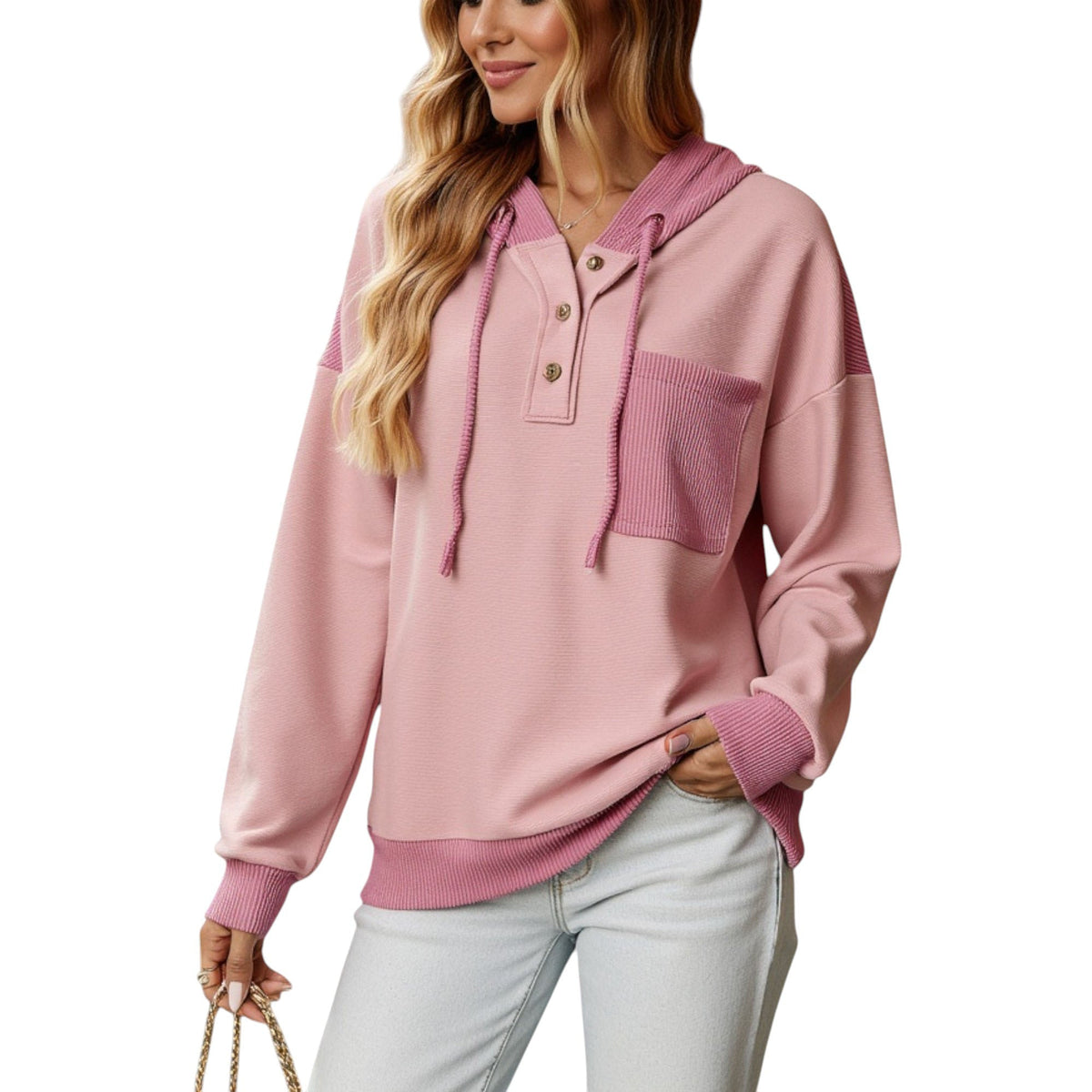 Button Front Hooded Pullover with Front Pocket and Ribbed Trim Anna-Kaci Wholesale