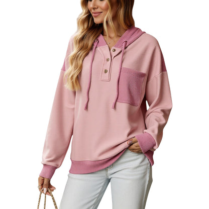 Button Front Hooded Pullover with Front Pocket and Ribbed Trim Anna-Kaci Wholesale