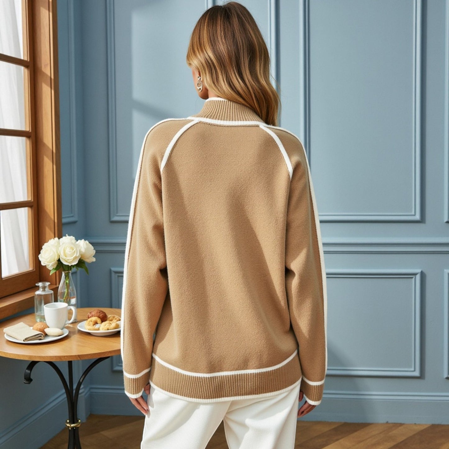 Long Sleeve Knit Sweater with Contrast Trim and Mock Neck Anna-Kaci Wholesale