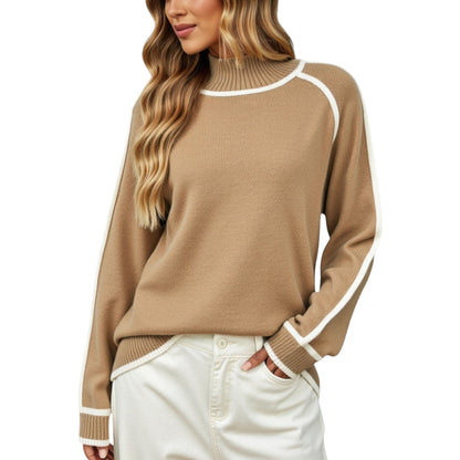 Long Sleeve Knit Sweater with Contrast Trim and Mock Neck Anna-Kaci Wholesale