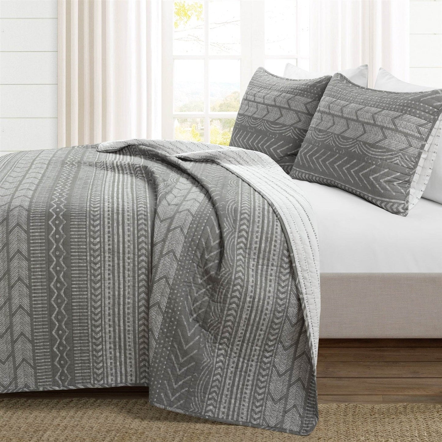 King Size Scandinavian Dark Grey Chevron Stripe Reversible Cotton Quilt Set FastFurnishings