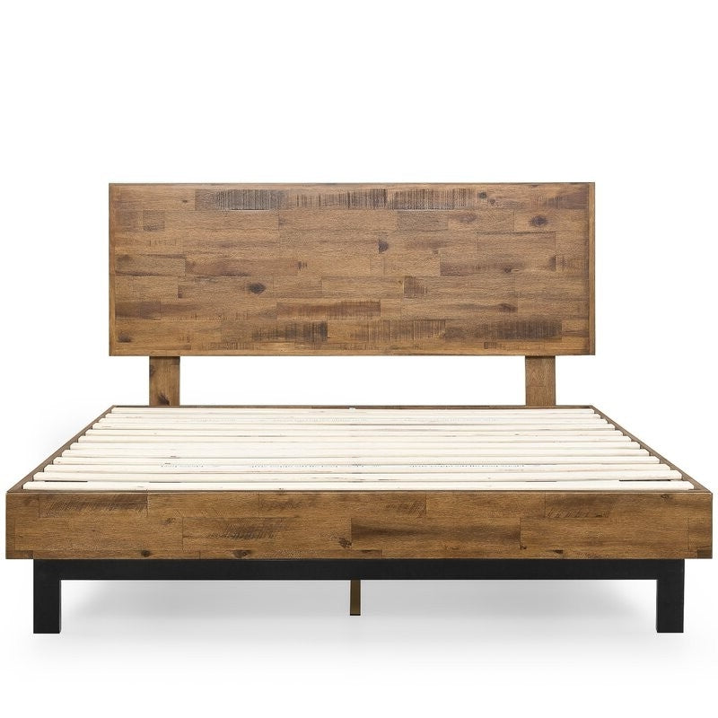 Rustic FarmHome Low Profile Pine Slatted Platform Bed in King FastFurnishings