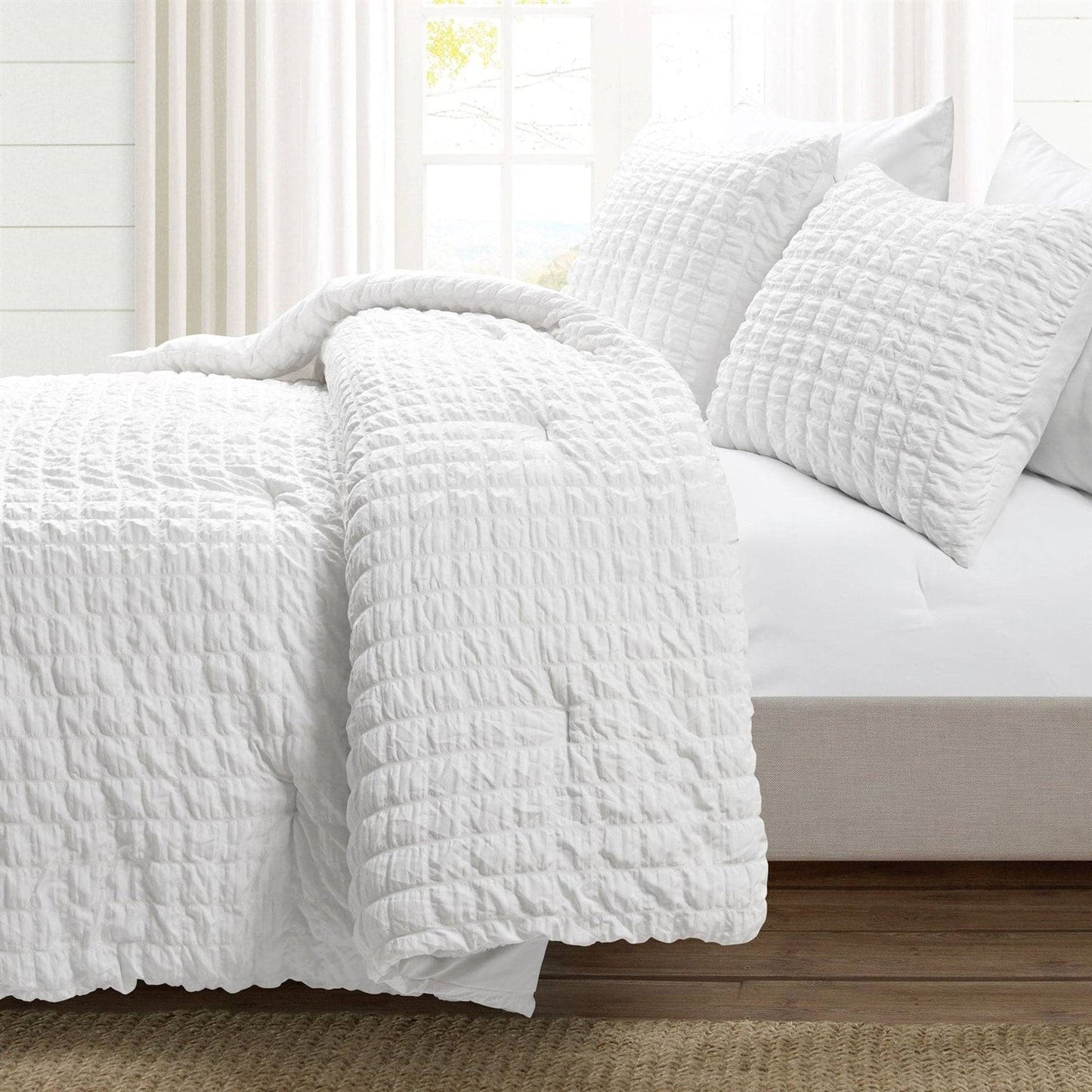 King Size Crinkled Textured 3 Piece Comforter Set White FastFurnishings
