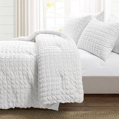 King Size Crinkled Textured 3 Piece Comforter Set White FastFurnishings