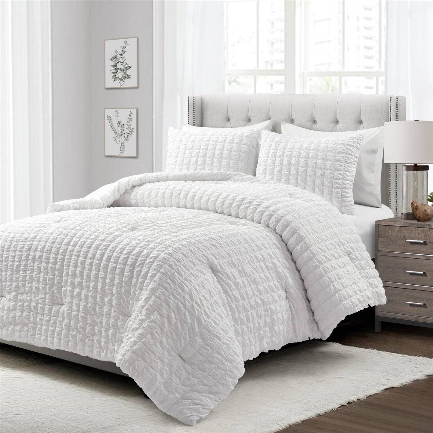 King Size Crinkled Textured 3 Piece Comforter Set White FastFurnishings