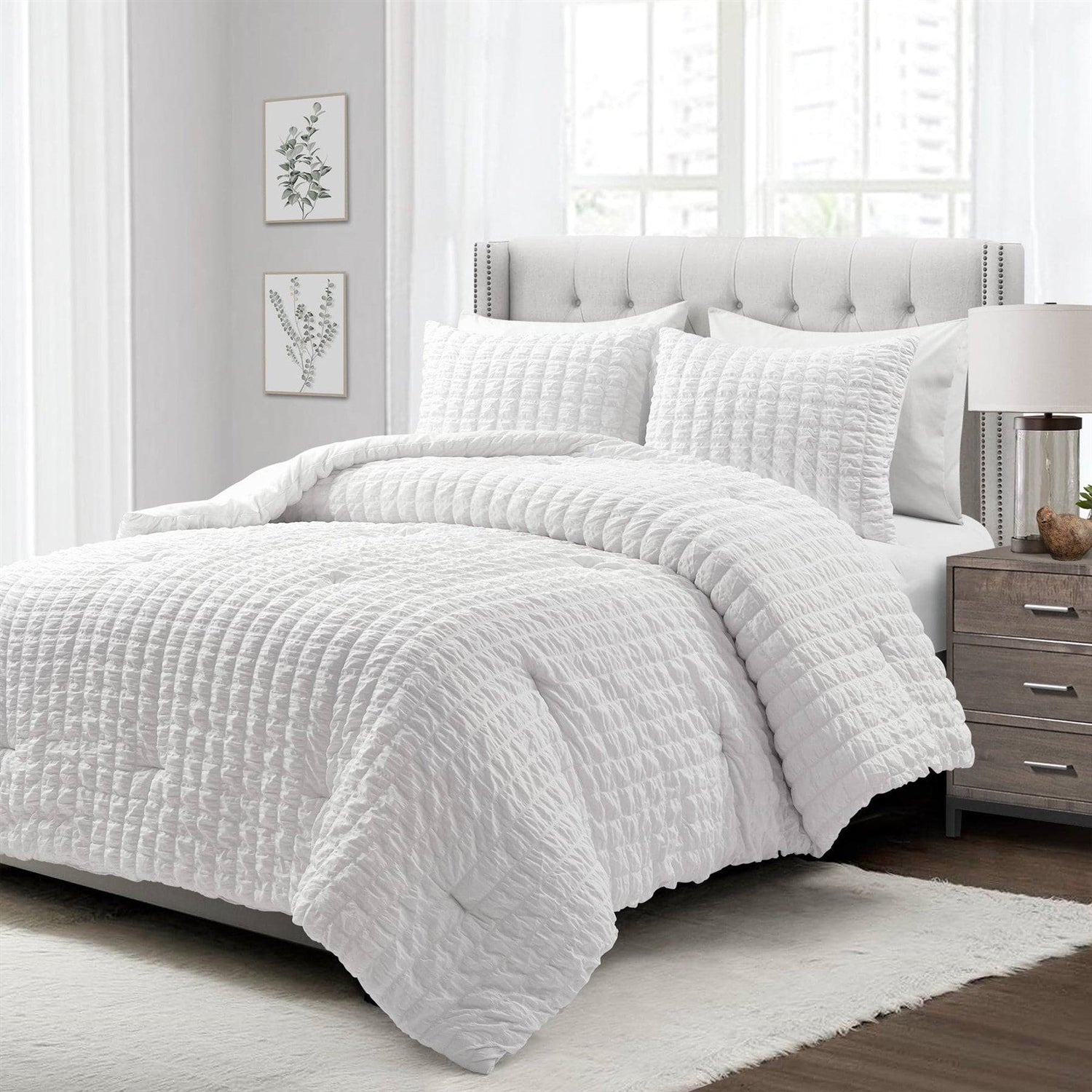 King Size Crinkled Textured 3 Piece Comforter Set White FastFurnishings